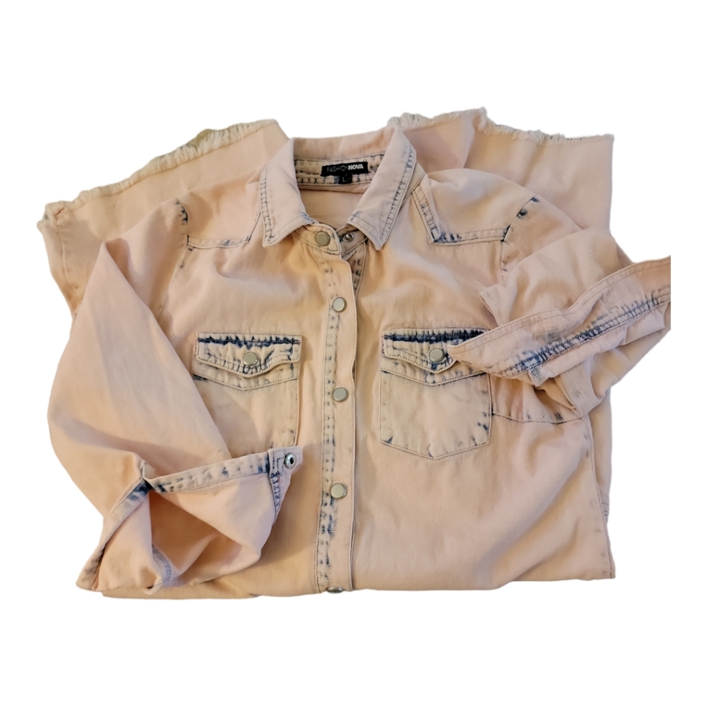 Fashion Nova L/S Distressed Pink Denim Shortalls/Romper Large EUC - Picture 7 of 14